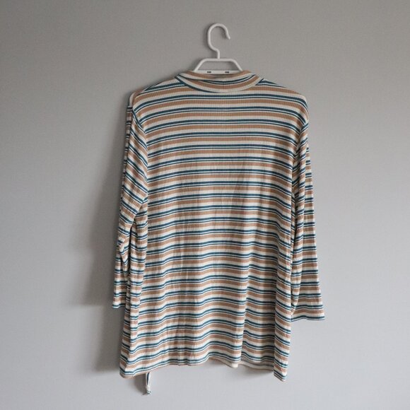 St. John's Bay Women's Sz XL Tan Striped Tie Front Mock Neck Ribbed Pullover Top - Picture 2 of 9